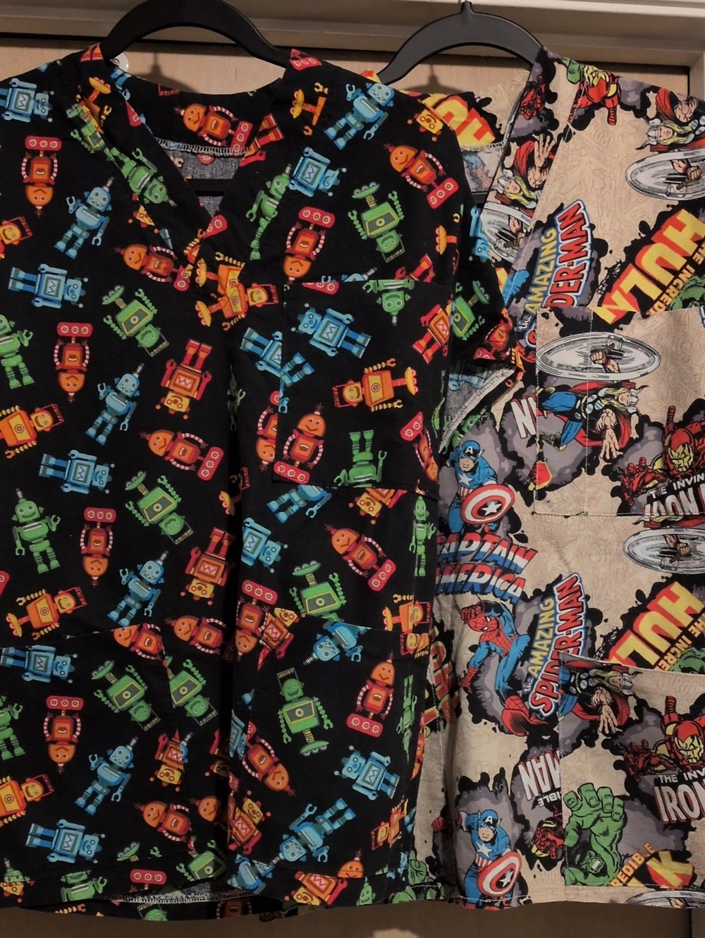 Colorful Robot Print Scrub Top - Black with Multicolor Robots